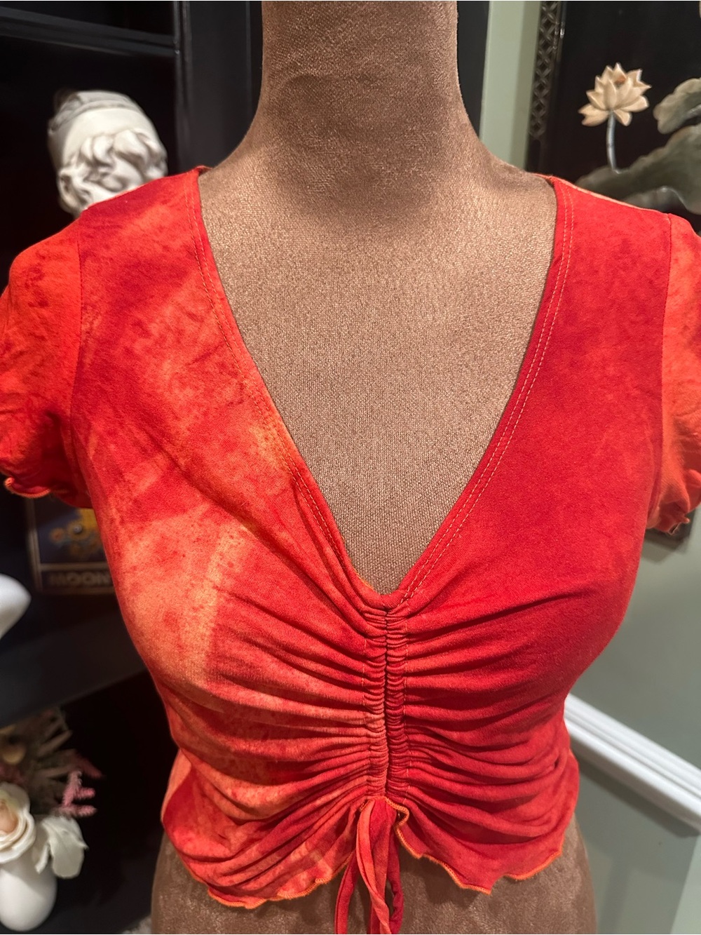 Evolution Fire Red & Orange Ruched Rave Top – Size Small - Picture 2 of 9